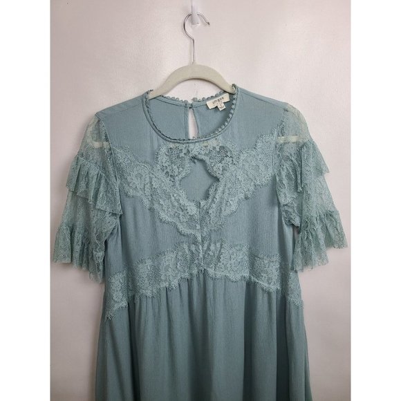 Umgee Mint Green Lace Ruffle Short Sleeve Mini BOHO Dress Size Small - Picture 2 of 9